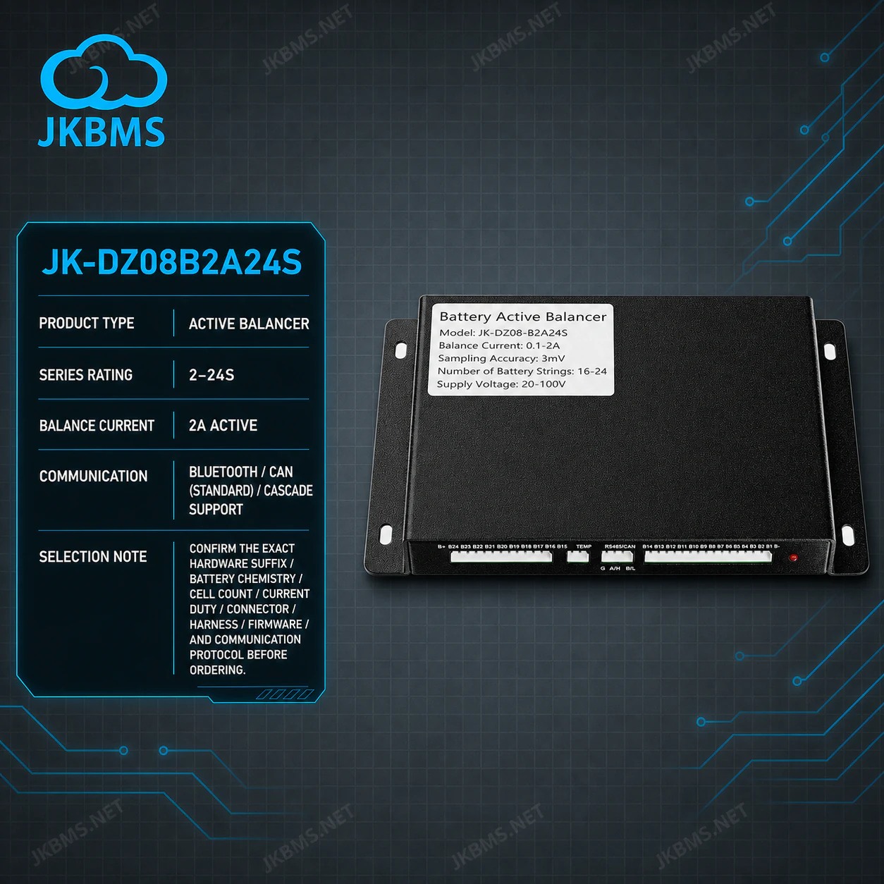 JKBMS JK-DZ08B2A24S Active Balancer — 2A 2~24S CAN Battery Equalizer with Cascade - official JKBMS product, JKBMS Active Balancers